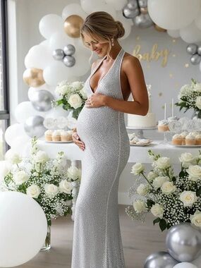 White Embellished Maternity Dress with V-Neck